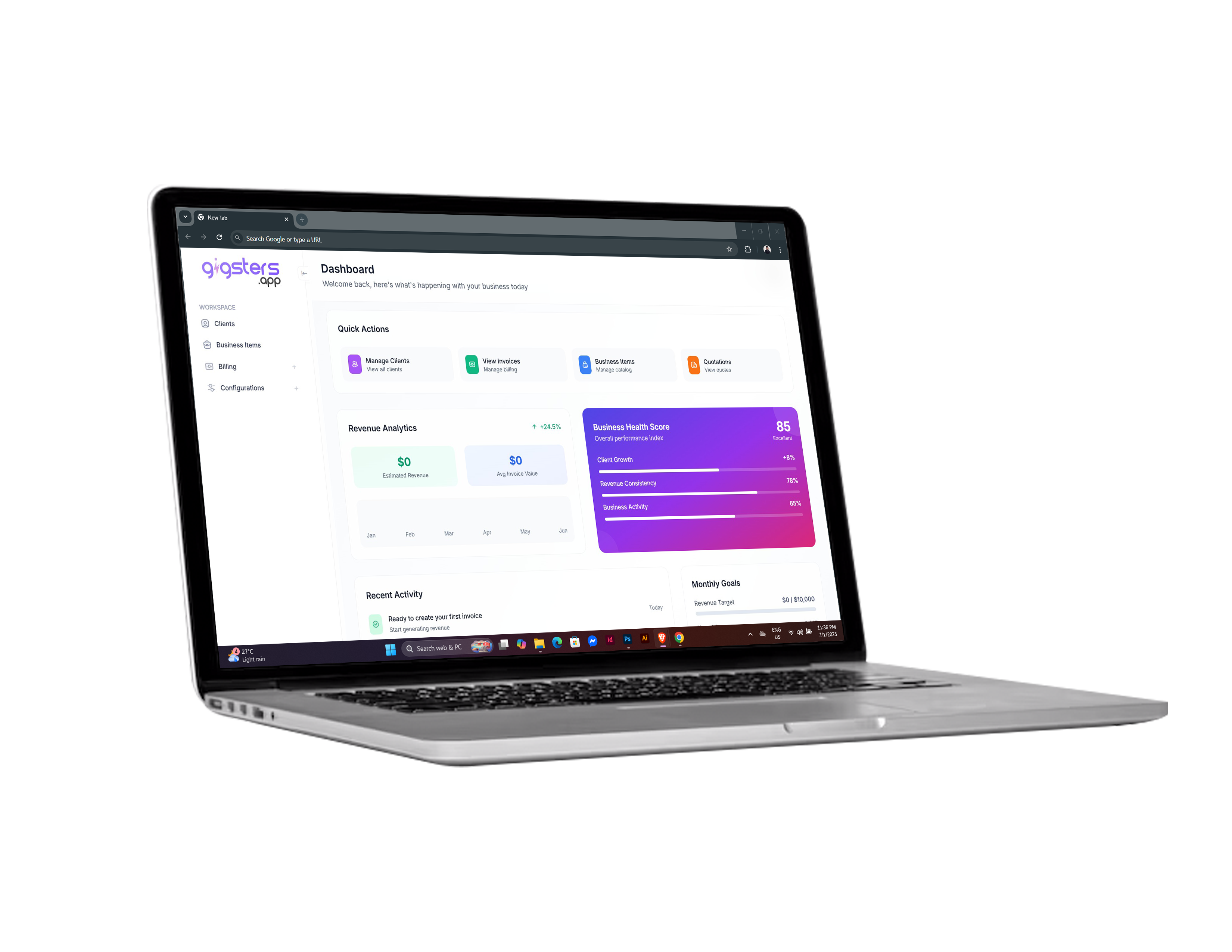 Gigsters interface mockup on Laptop